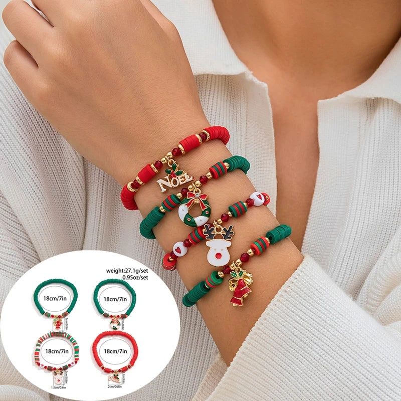 5 pçs/set bonito série de natal floco de neve árvore pingente pulseira de cristal feminino ccb contas fio ajustável corda pulseira