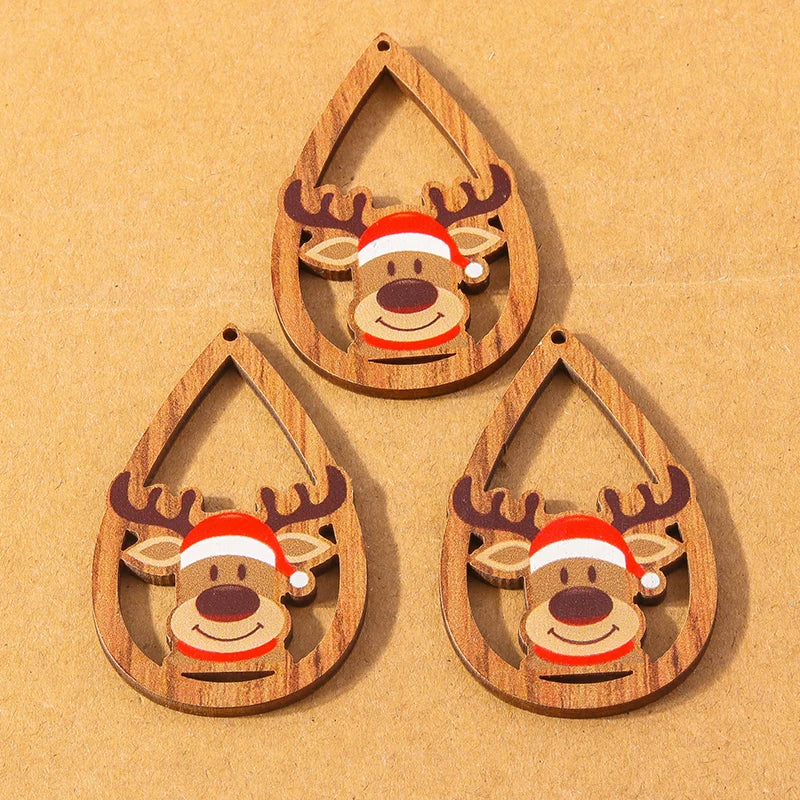 10 pçs madeira gota de água forma encantos de natal para fazer jóias veados papai noel pingentes charme diy colar brinco acessórios