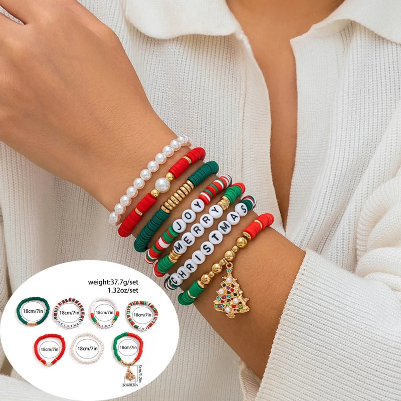 5 pçs/set bonito série de natal floco de neve árvore pingente pulseira de cristal feminino ccb contas fio ajustável corda pulseira