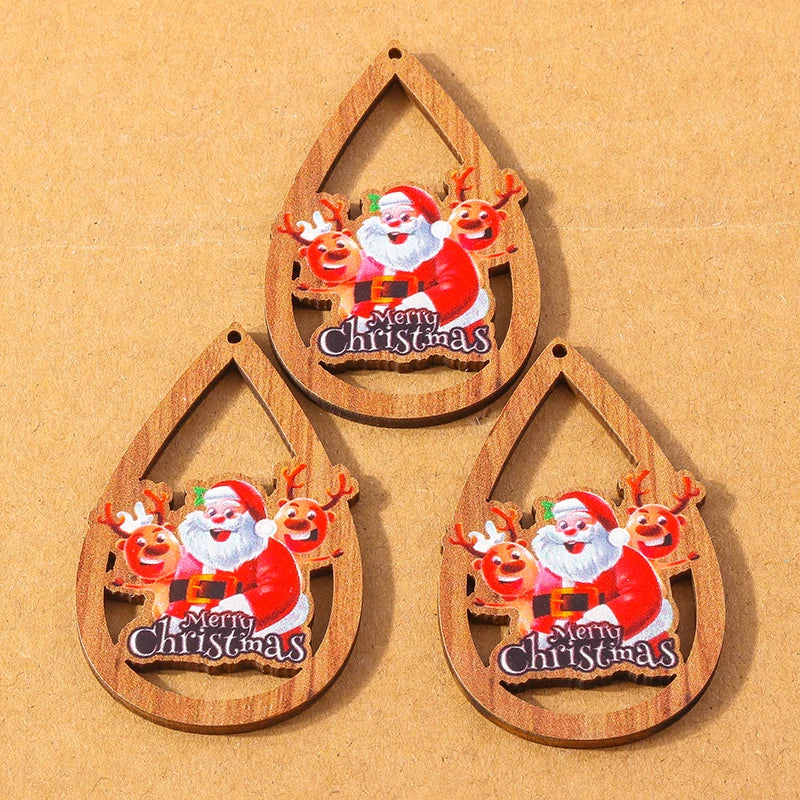 10 pçs madeira gota de água forma encantos de natal para fazer jóias veados papai noel pingentes charme diy colar brinco acessórios