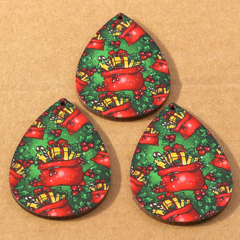 10 pçs madeira gota de água forma encantos de natal para fazer jóias veados papai noel pingentes charme diy colar brinco acessórios