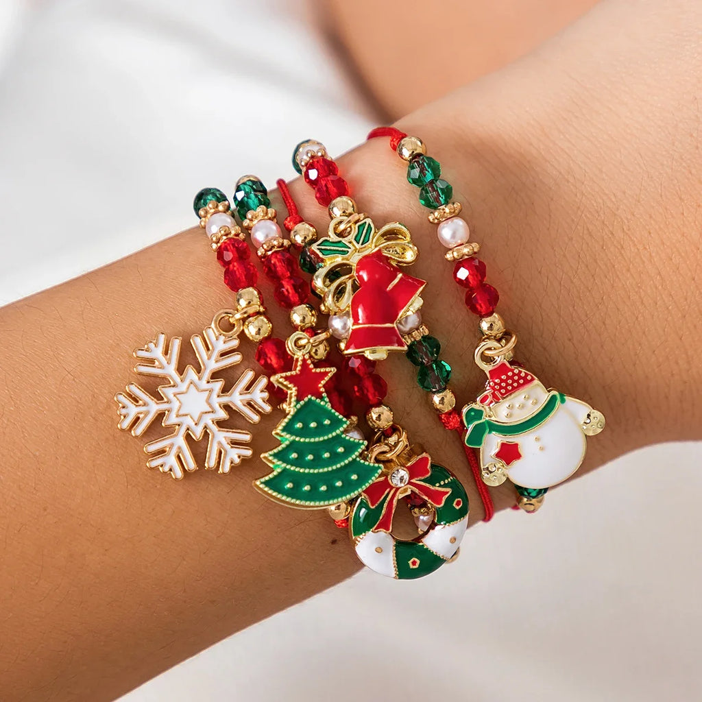 5 pçs/set bonito série de natal floco de neve árvore pingente pulseira de cristal feminino ccb contas fio ajustável corda pulseira