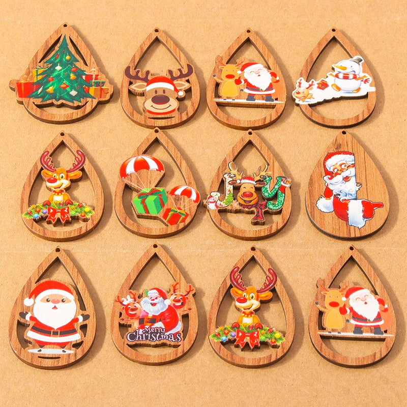 10 pçs madeira gota de água forma encantos de natal para fazer jóias veados papai noel pingentes charme diy colar brinco acessórios