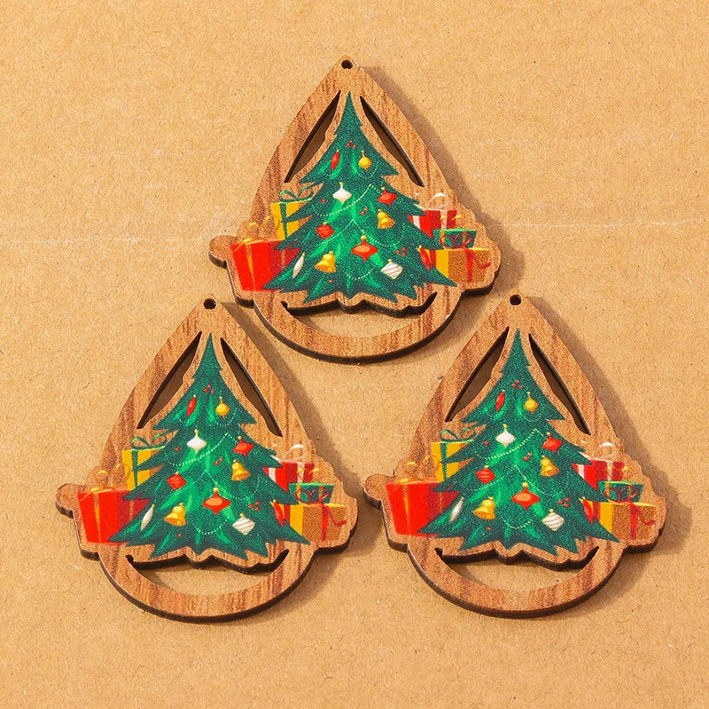10 pçs madeira gota de água forma encantos de natal para fazer jóias veados papai noel pingentes charme diy colar brinco acessórios