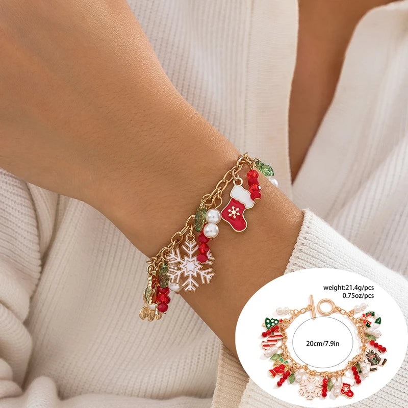5 pçs/set bonito série de natal floco de neve árvore pingente pulseira de cristal feminino ccb contas fio ajustável corda pulseira