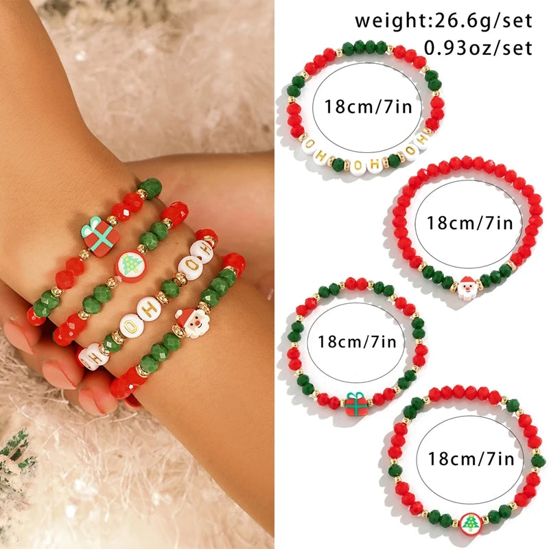 5 pçs/set bonito série de natal floco de neve árvore pingente pulseira de cristal feminino ccb contas fio ajustável corda pulseira