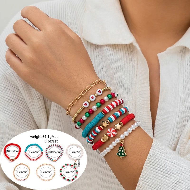 5 pçs/set bonito série de natal floco de neve árvore pingente pulseira de cristal feminino ccb contas fio ajustável corda pulseira