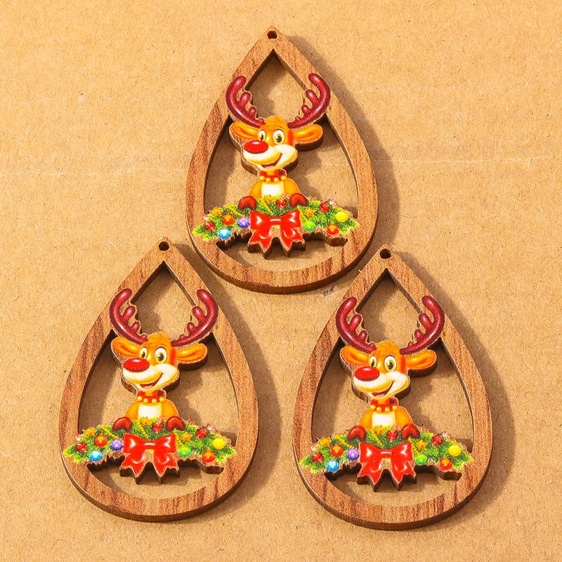 10 pçs madeira gota de água forma encantos de natal para fazer jóias veados papai noel pingentes charme diy colar brinco acessórios