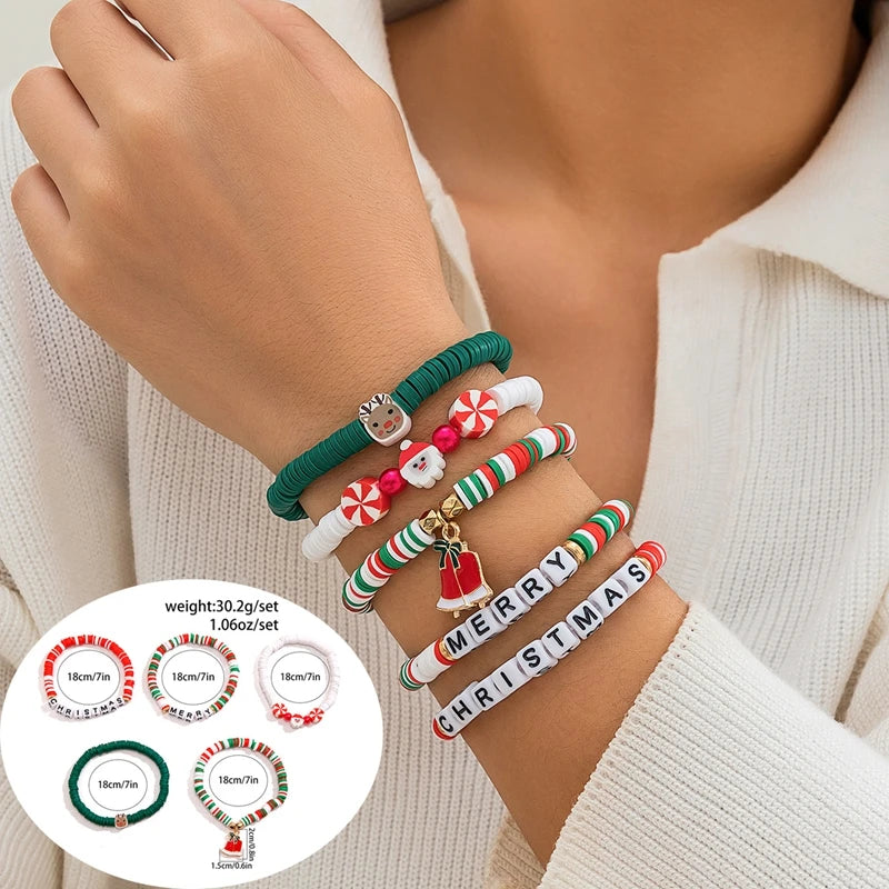5 pçs/set bonito série de natal floco de neve árvore pingente pulseira de cristal feminino ccb contas fio ajustável corda pulseira