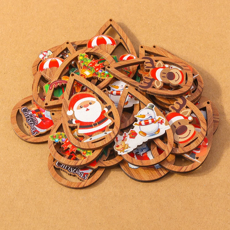 10 pçs madeira gota de água forma encantos de natal para fazer jóias veados papai noel pingentes charme diy colar brinco acessórios