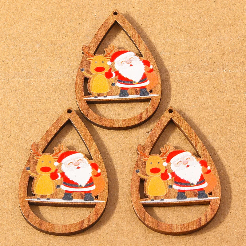 10 pçs madeira gota de água forma encantos de natal para fazer jóias veados papai noel pingentes charme diy colar brinco acessórios