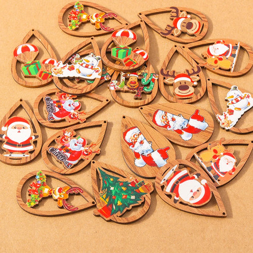10 pçs madeira gota de água forma encantos de natal para fazer jóias veados papai noel pingentes charme diy colar brinco acessórios