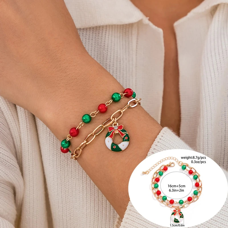 5 pçs/set bonito série de natal floco de neve árvore pingente pulseira de cristal feminino ccb contas fio ajustável corda pulseira