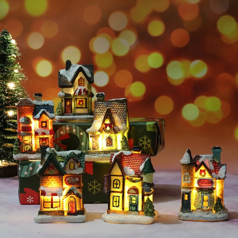 Casinha natalina decorativa iluminada com luz LED, miniatura com neve no telhado e detalhes festivos para vila de Natal